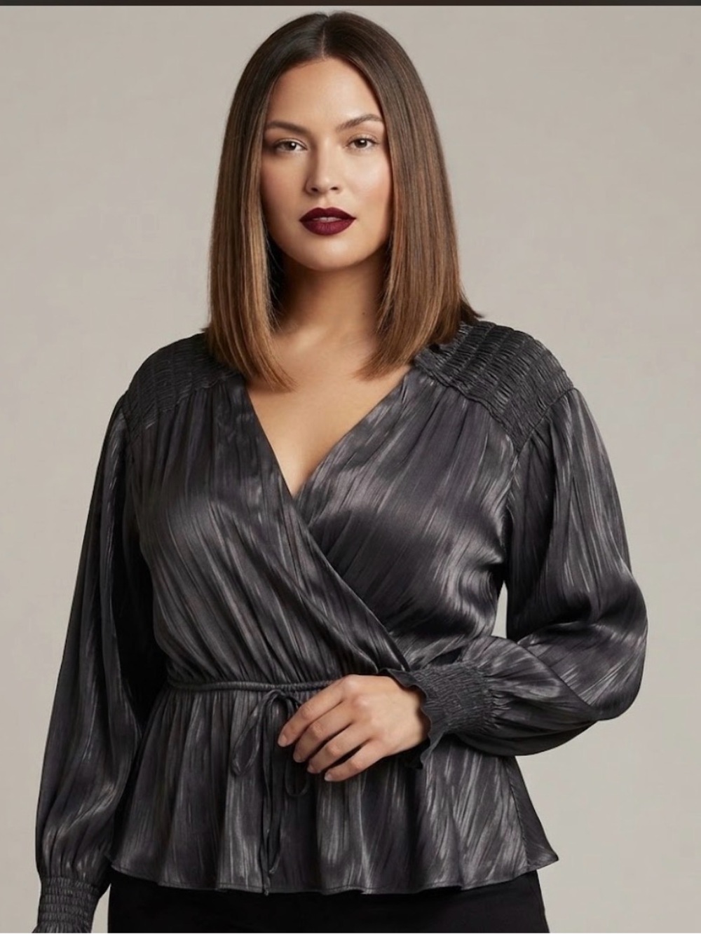 ROUGE Blouse 1X Black Metallic Crinkle Wrap Peplum Balloon Sleeve Blouse 1X
